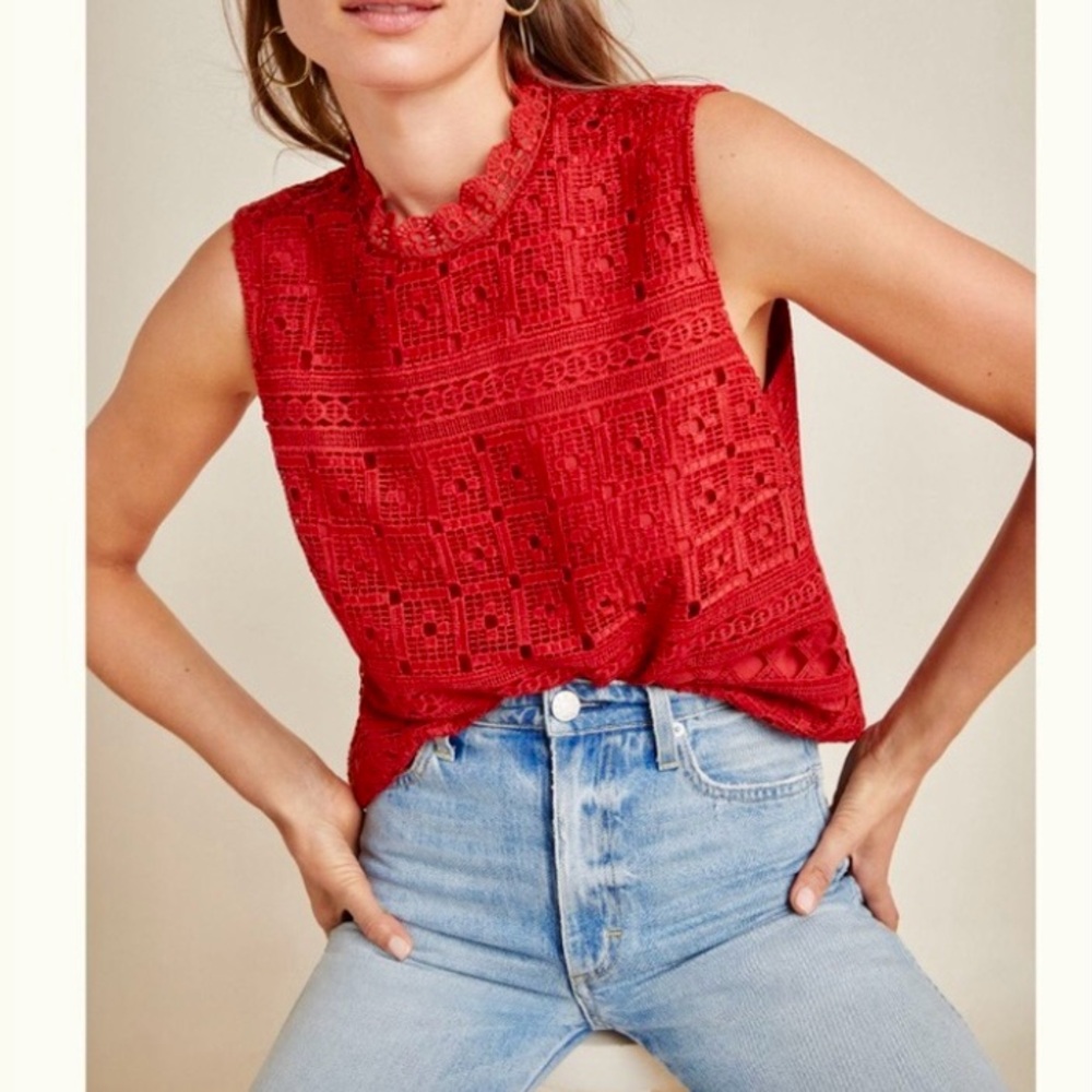 Anthropologie Lourdes Lace Shell Top in Brick Red size Large